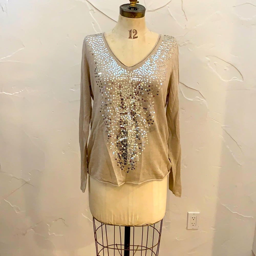 Joan Vass Linen Cream Sequined Long Sleeve
